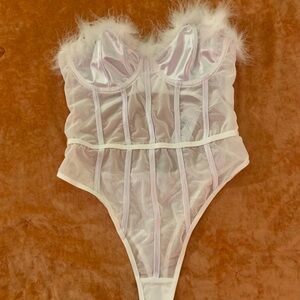 Premium Feather Trim Satin Corset Bodysuit Sz L